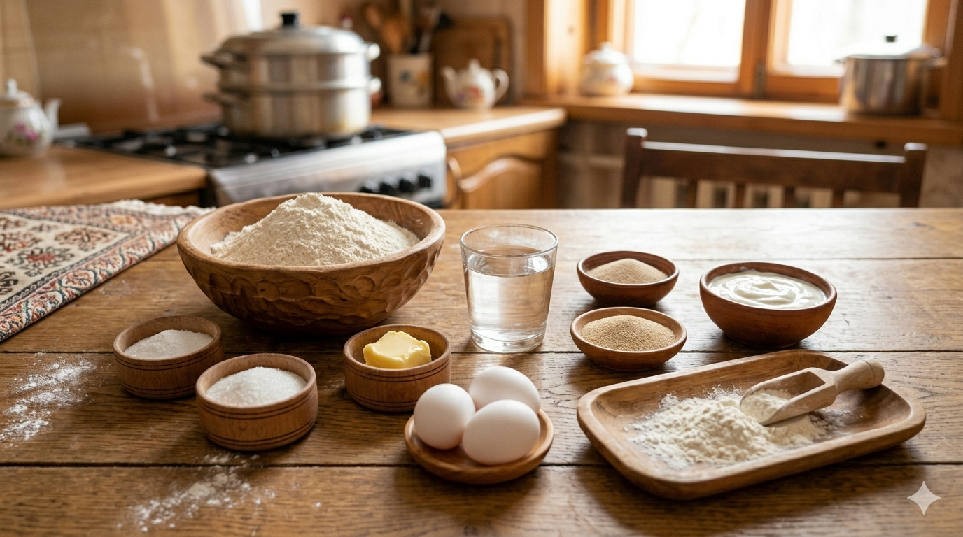 Baursak ingredients laid out on a wooden surface: flour, warm milk, yeast, eggs, butter, sugar and salt.